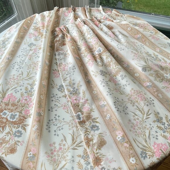 Vintage 70s curtains, pink & tan stripes and flowers, lined pleated panels - Picture 1 of 10